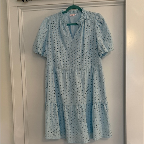 kirundo Dresses & Skirts - Light Blue Eyelet Tiered Mini Dress with Puff Sleeves